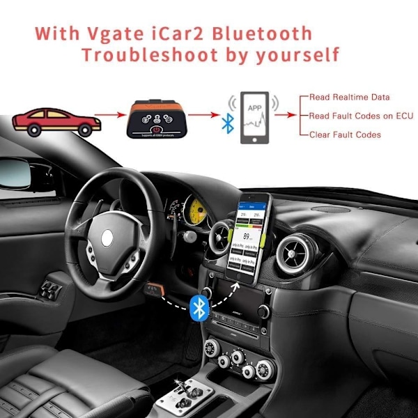 Vgate ICar2 Bluetooth bilfelsdetektor med 3.0-teknik - Skanna oc svart orange