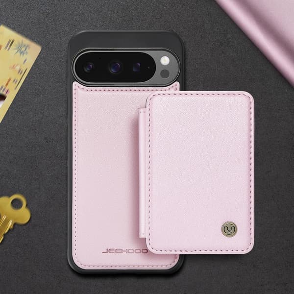 (För  Pixel9/9 Pro) Avtagbart magnetiskt plånboksfodral med 4 kortfack och RFID-skydd, med stativ rosa