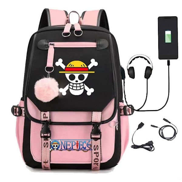 One Piece ryggsäck barn ryggsäckar ryggväska med USB uttag 1st rosa