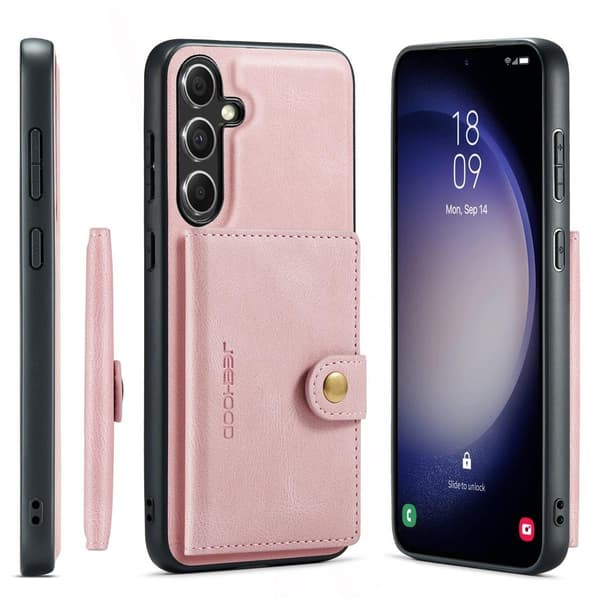 (För Samsung S23FE) Smal plånboksfodral med kortfack och kickstand patenterad 360 skydd rosa
