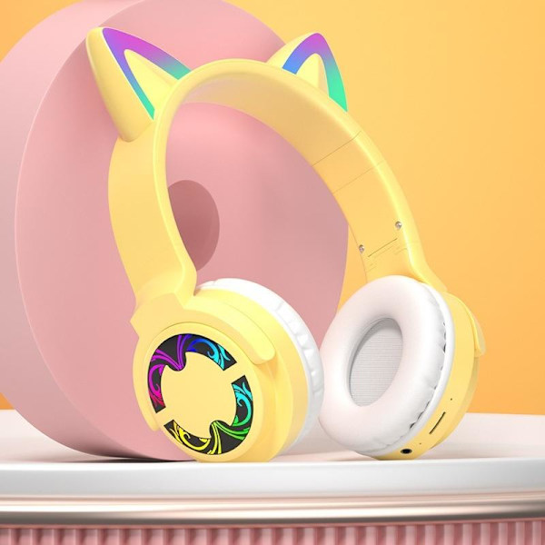 kattöron trådlösa hörlurar bluetooth led lights gul