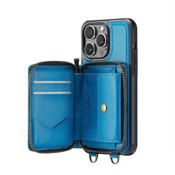 (För iPhone 13 Pro Max) Läder crossbody plånboksfodral med kortfack och RFID-skydd blå