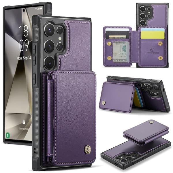 (Til Samsung Galaxy S21) Magnetisk tegnebogs etui med RFID-beskyttelse og stativ til [telefonmodel] lilla