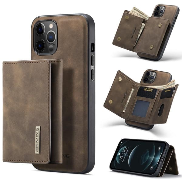 (For iPhone 14 Plus) DG.MING M1 Serie Avtakbart Lommebokdeksel: kaffe