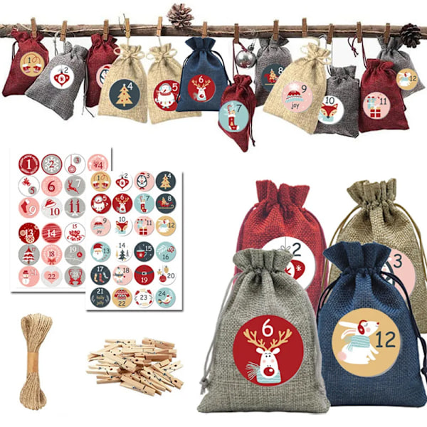 Fyll-din-egen adventskalenderset: Återanvändbara jutepåsar + tyg som på bilden-01