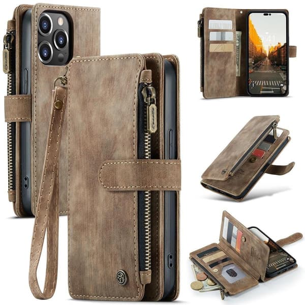 (Til iPhone 12/12 Pro) Retro læderpung etui med 5 kortpladser, stativ og håndledsrem rød