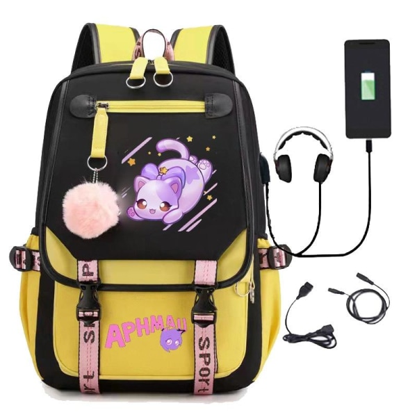 Aphmau ryggsäck barn ryggsäckar ryggväska med USB uttag 1st gul 3