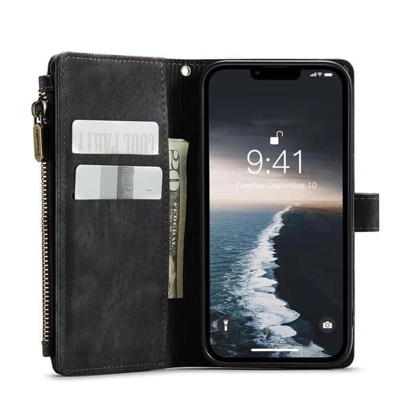 (För iPhone 16) Mångsidig Retro Läderplånboksfodral med 5 kortfack, ställning och handledsgrepp röd