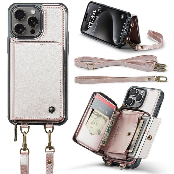(För iPhone 16 Plus) Läder crossbody plånboksfodral med kortfack och RFID-skydd kaffefärgad