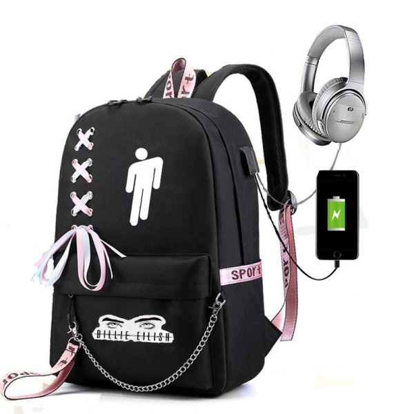 Billie Eilish rygsæk rygsæk med USB-stik 1 698b svart | Fyndiq