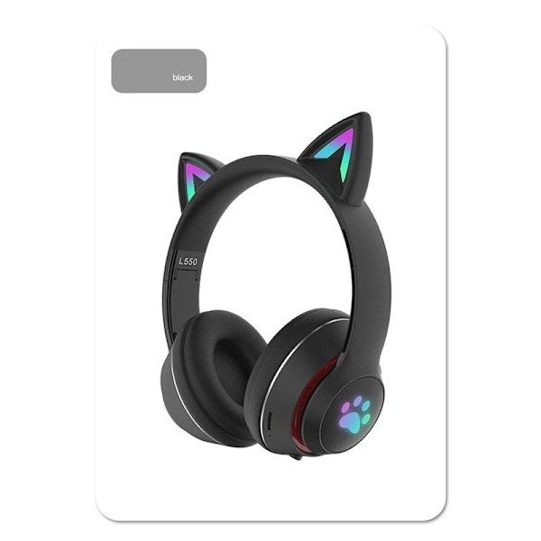 kattöron trådlösa hörlurar bluetooth led lights svart