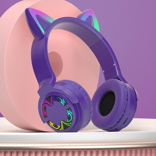 kattöron trådlösa hörlurar bluetooth led lights lila