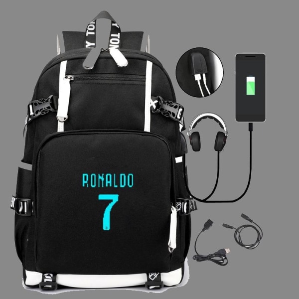 ronaldo 7 ryggsäck barn ryggsäckar ryggväska med USB uttag 1st svart lysande