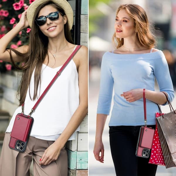 (För iPhone 13 Pro Max) Läder crossbody plånboksfodral med kortfack och RFID-skydd roséguld