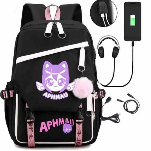 Aphmau reppu lasten reput reppu USB-liitännällä 1kpl musta