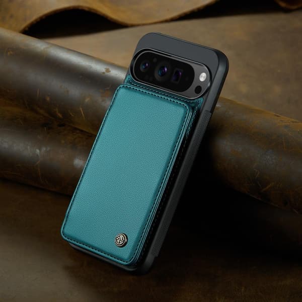 (För  Pixel 9 Pro XL) PU-läder plånboksfodral med RFID-skydd och stativ blågrön