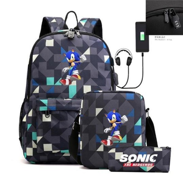 Sonic rygsæk penalhus skulderrem tasker pakke (3 stk) rombe blå