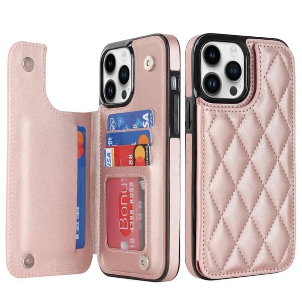 (For iPhone 13 mini) Holdbart mobildeksel med kickstand og RFID-s roségull