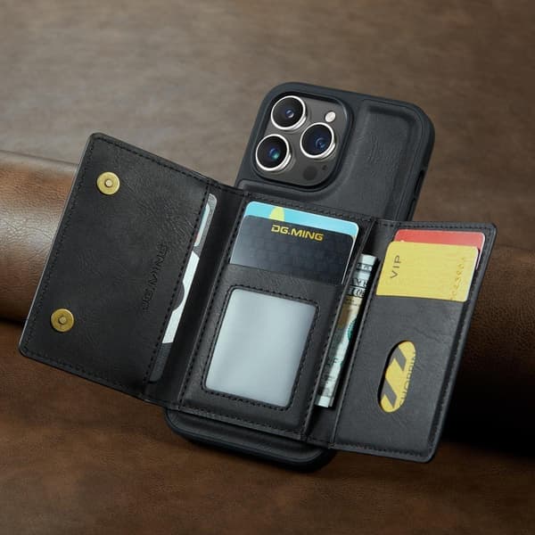 (Til iPhone 14 Plus) DG.MING M5-serien aftageligt pung-etui kaffe