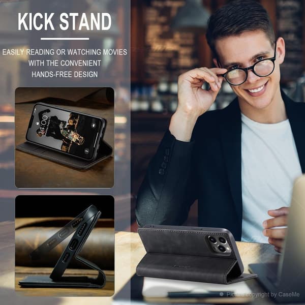 (För iPhone 12 Mini) CaseMe retro läder plånboksfodral med stativ och kortfack kaffe