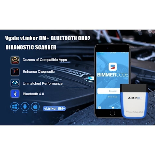Bimmercode-kompatibel vLinker BM+ BLE 4.0 Bluetooth-bildetektor som på bilden