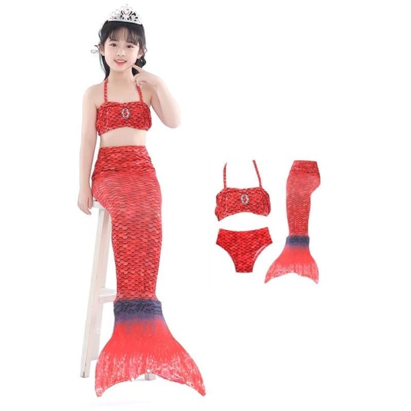 sjöjungfru mermaid sjöjungfrusvans baddräkt bikini för barn röd 110