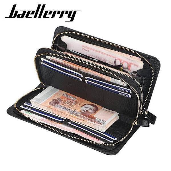 Mens Clutch Bag Handväska Läder dragkedja Long Wallet Business H Ljusbrun