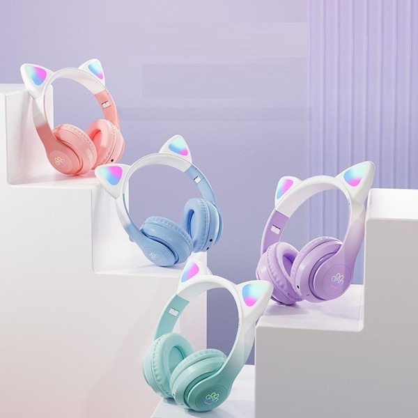 cat ears headset trådløs cat bluetooth hovedtelefoner vaaleanpunainen