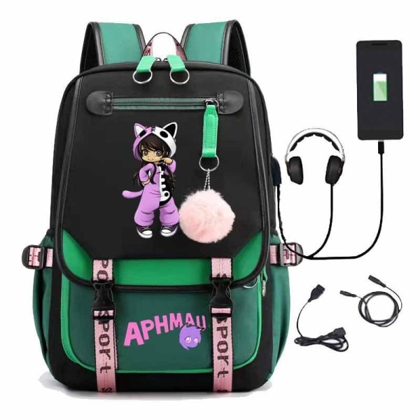 Aphmau reppu lasten reput reppu USB-liitännällä 1kpl vihreä 2