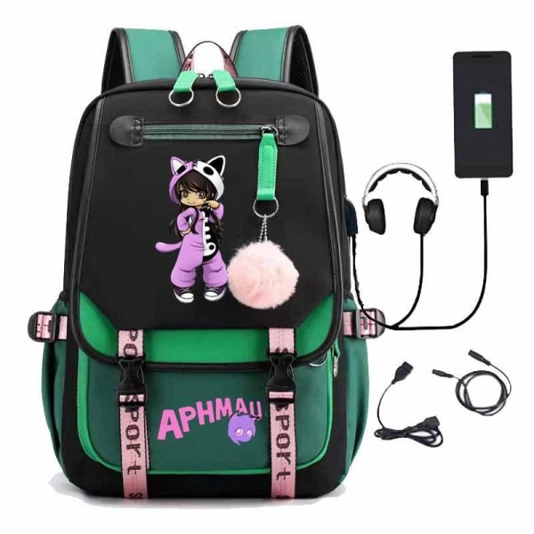 Aphmau rygsæk børne rygsække rygsæk med USB stik 1 stk grøn 2
