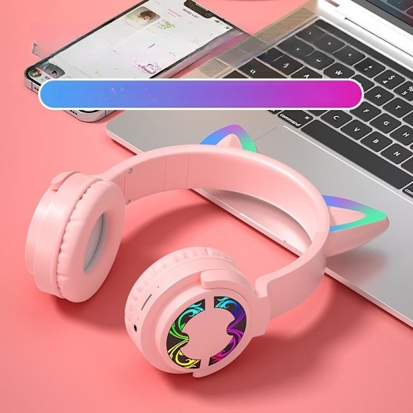 kattöron trådlösa hörlurar bluetooth led lights lila