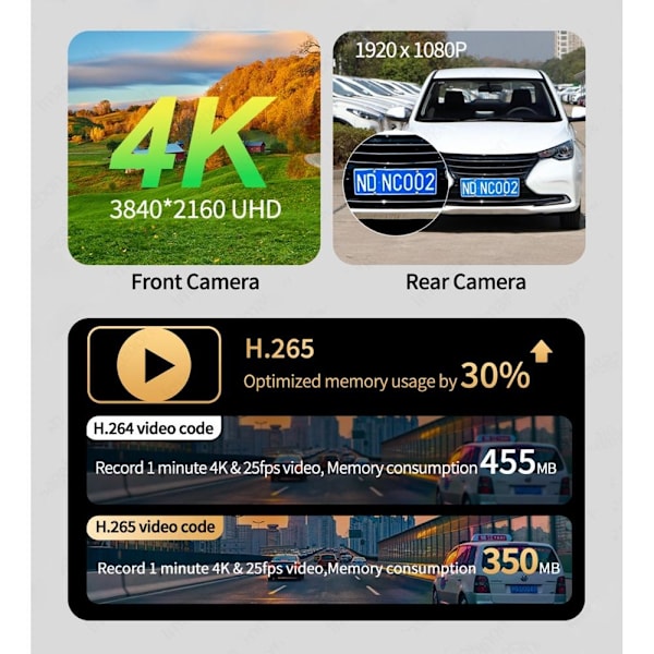 10,26 tum dashcam touchskärm med trådlös android auto / carplay med 128G minneskort
