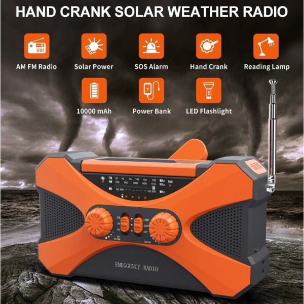10000mah krank radio nødradio solceller powerbank solar håndsving