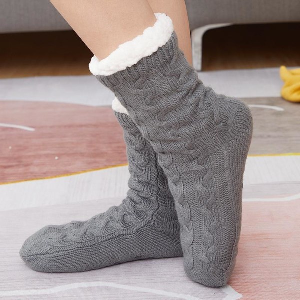 varme strikkede sokker skridsikre sokker tykke vintersokker indeni grå en størrelse