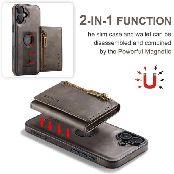 (Til iPhone 16 Pro Max) DG.MING M5-serien aftagelig pung-etui kaffe