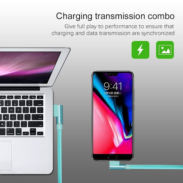 Vinklet 90 graders laderkabel USB A til USB C / iPhone Lightning (Lyn)grå 1 meter