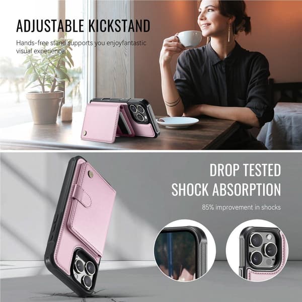 (Til iPhone 14 Pro Max) Magnetisk pung-etui til telefon med støttefod og 6 kortpladser, RFID-beskyttelse, PU-læder sort