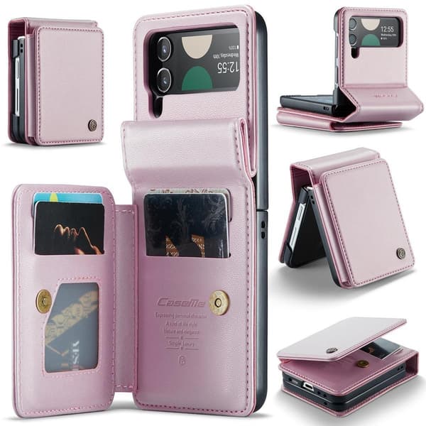 (Til Samsung Z Flip 7 FE) Etui med kortholder og stativ i læder sort