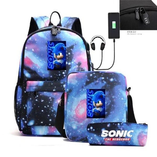 Sonic rygsæk penalhus skulderrem tasker pakke (3 stk) rombe blå