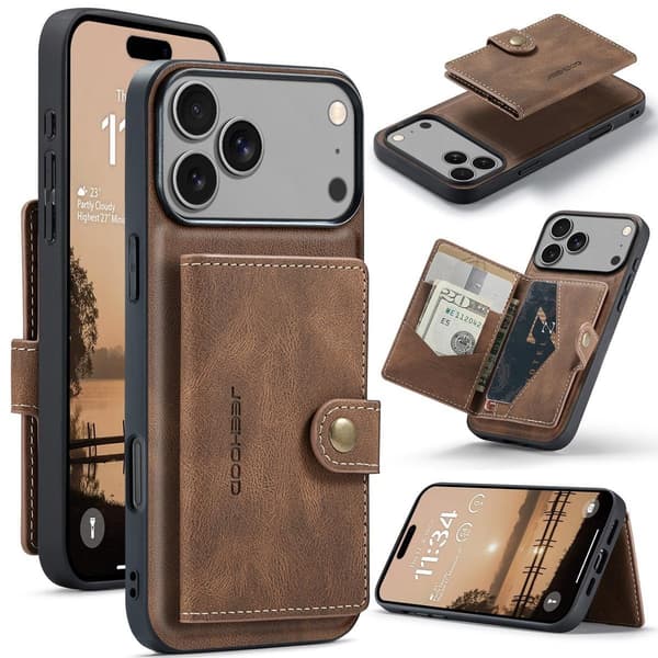 (Til iPhone 17 Pro Max) Magnetisk spænde pung etui med flere kortpladser og stativfunktion brun