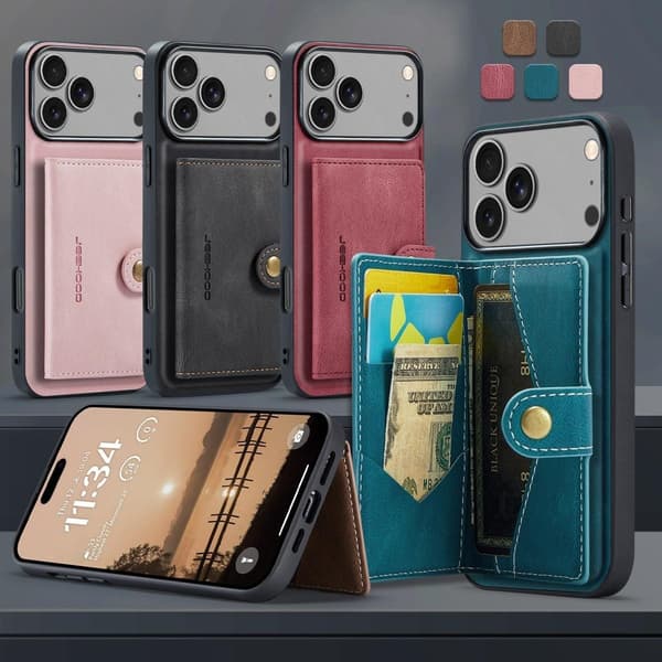 (Til iPhone 16 Pro Max) Magnetisk spænde pung etui med flere kortpladser og stativfunktion blå