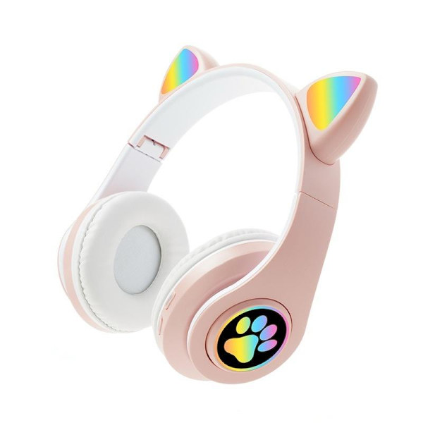 kattöron trådlösa hörlurar bluetooth led lights rosa