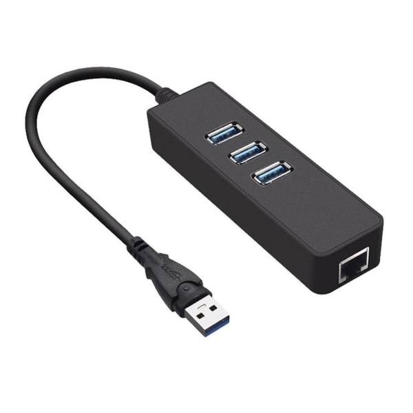 USB3 A ha, Gigabit RJ45 nettverksadapter, 3x USB3 ho, svart