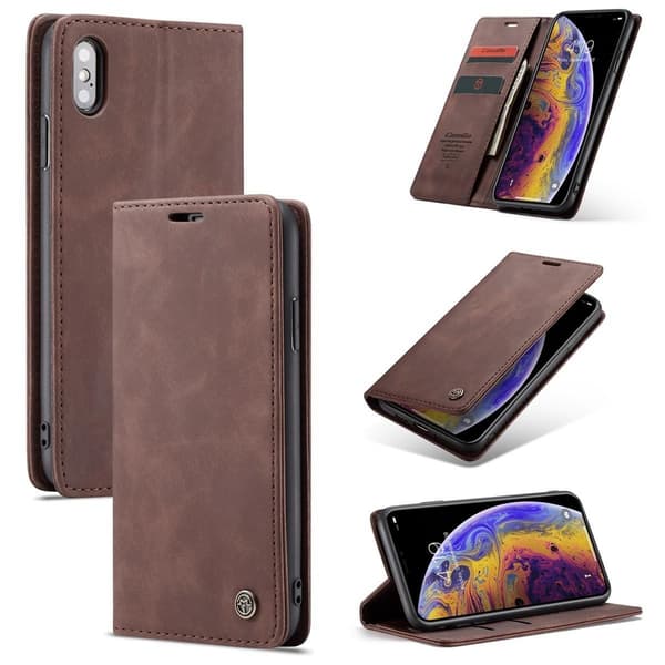 (För iPhone 14 Pro) CaseMe retro läder plånboksfodral med stativ och kortfack kaffe
