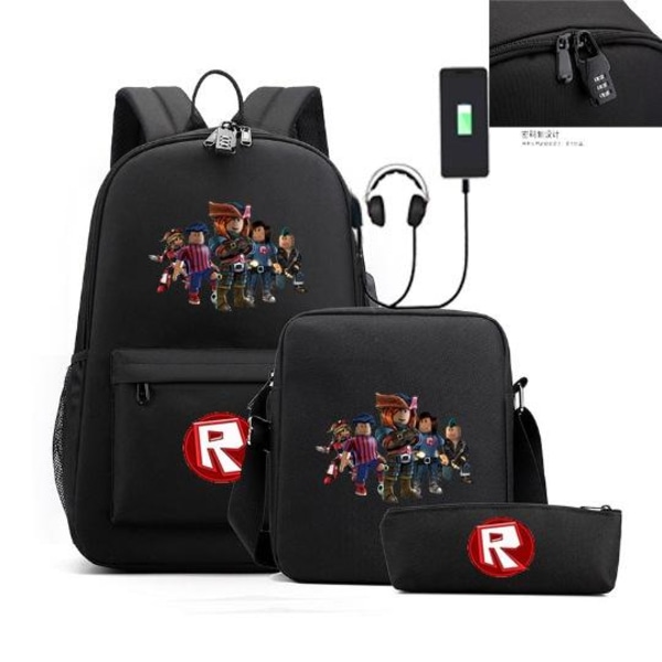 roblox rygsæk børn penalhus skulderrem tasker pakke med USB stik sort 2