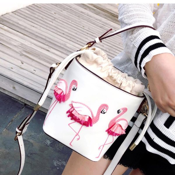 Flamingo Bucket Bag Dam Flickor Mode Axelväska Crossbody Bag Sto Vit