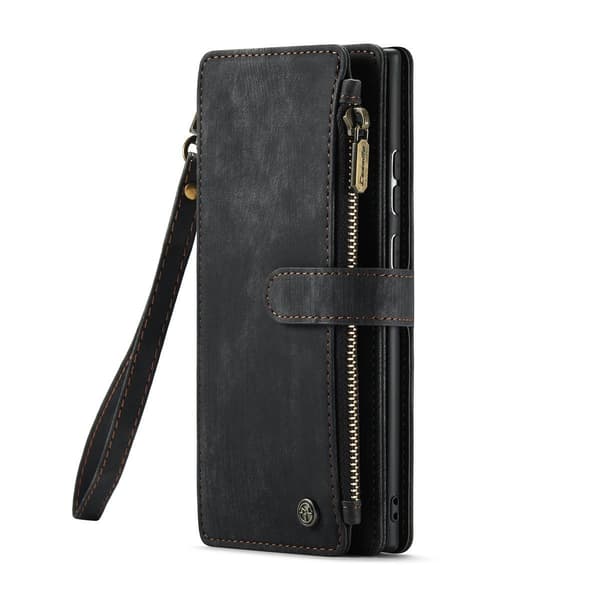 (Til iPhone 14 Pro) Retro læderpung etui med 5 kortpladser, stativ og håndledsrem sort