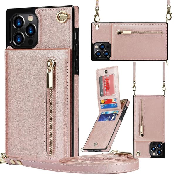 (For iPhone 16 Plus) Holdbart mobildeksel, beskyttelsesdeksel, fullt roségull (lang reip)