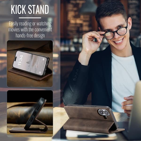 (Til iPhone 16 Plus) Luksuriøst retro ruskind og læder tegnebogs etui med stativ og kortlommer sort