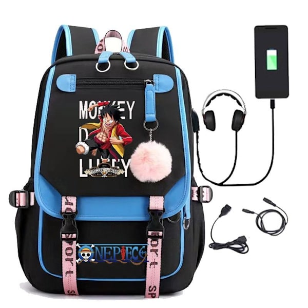 One Piece ryggsäck barn ryggsäckar ryggväska med USB uttag 1st blå 2